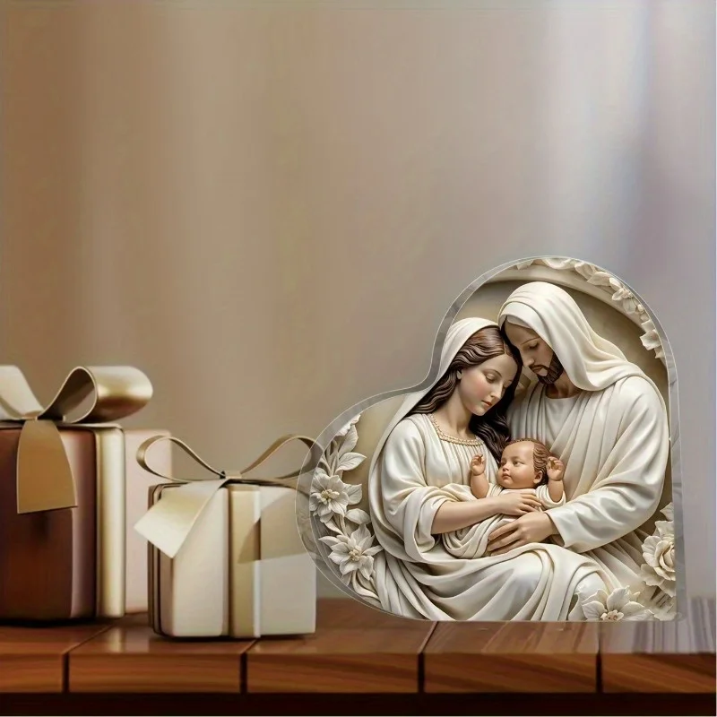 قطعة واحدة من الأكريليك على شكل قلب (4 بوصة × 4 بوصة)، زينة ميلاد يسوع لتزيين الطاولة، هدية عيد الميلاد، هدية وداع، هدية دينية #4