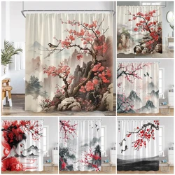 Japanese Style Flowers Bird Shower Curtain Beautiful Girl Red Floral Abstract Mountain Ink Art Landscape Decor Bathroom Curtains