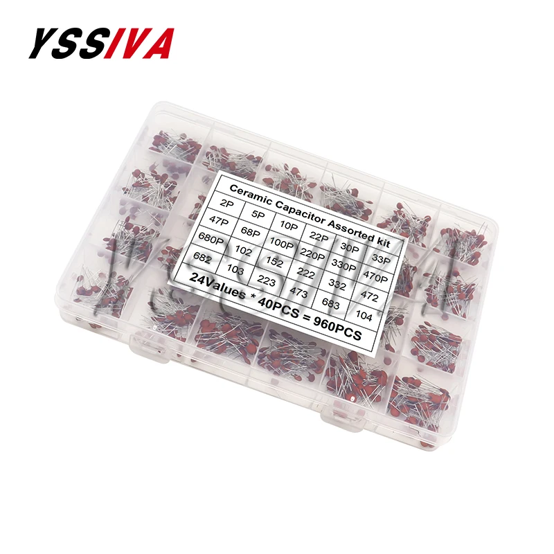 960pcs 24Values*40pcs Ceramic Capacitor Assortment Kit 50V 2pF - 0.1uF Capacitance Set DIY Pack