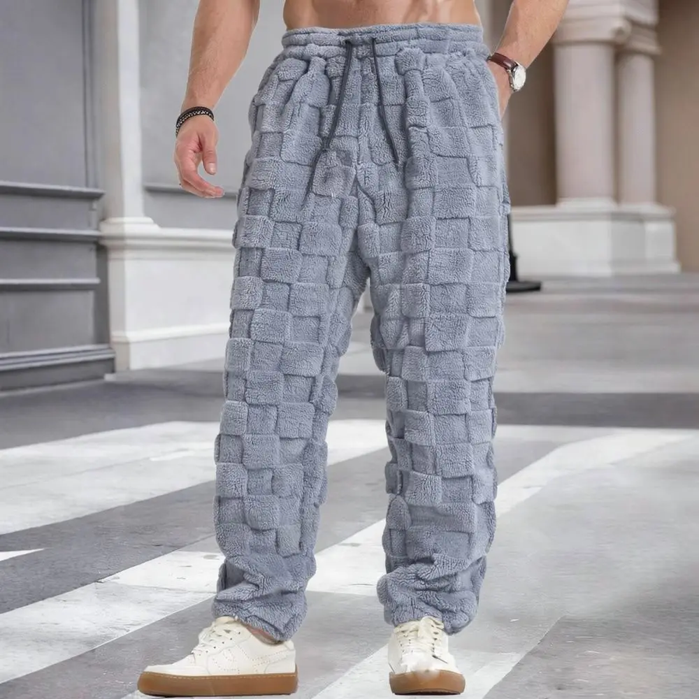 Mens Autumn Plaid Trousers Straight Leg Casual Pants Fleece Thermal Sweatpants Comfortable Elastic Waist Breathable Male Gear