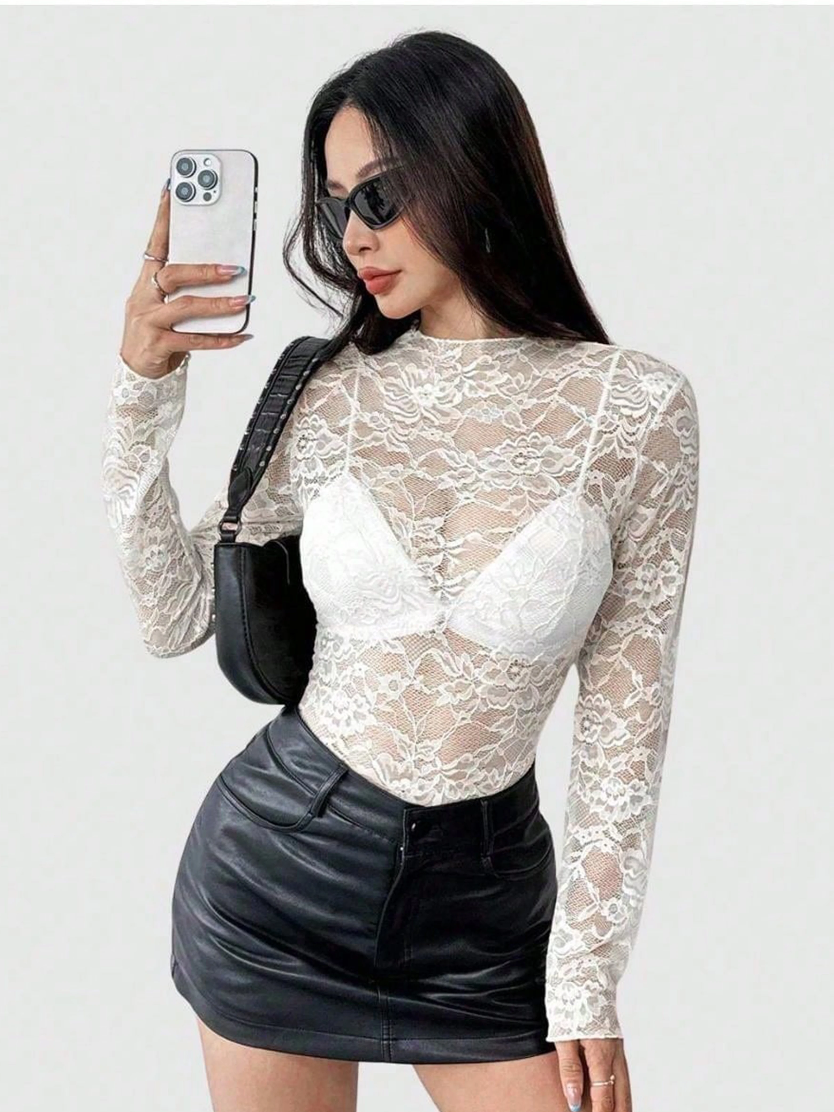 Women's Sheer Lace Top, Semi-sheer Crochet Contrast Trim, Stretch Fit, Machine Washable Spring Summer Elegant Top