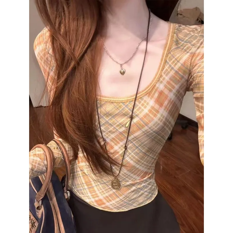 

French Vintage Hottie Plaid T-Shirts Womer Pink Y2k Retro Long Sleeve Tees Harajuku Fashion Aesthetics Mesh Tshirt All Match Top