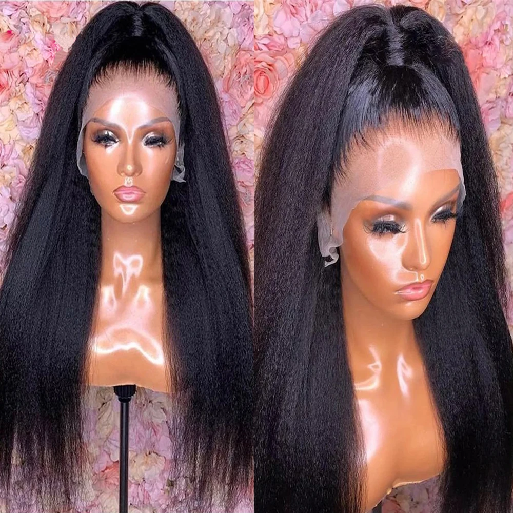 Yaki-Kinky Straight Lace Front Wig para mulheres, peruca preta macia Kinky, cabelo do bebê, resistente ao calor, pré-arrancadas peruca diária, 26 ", 180 Densidade