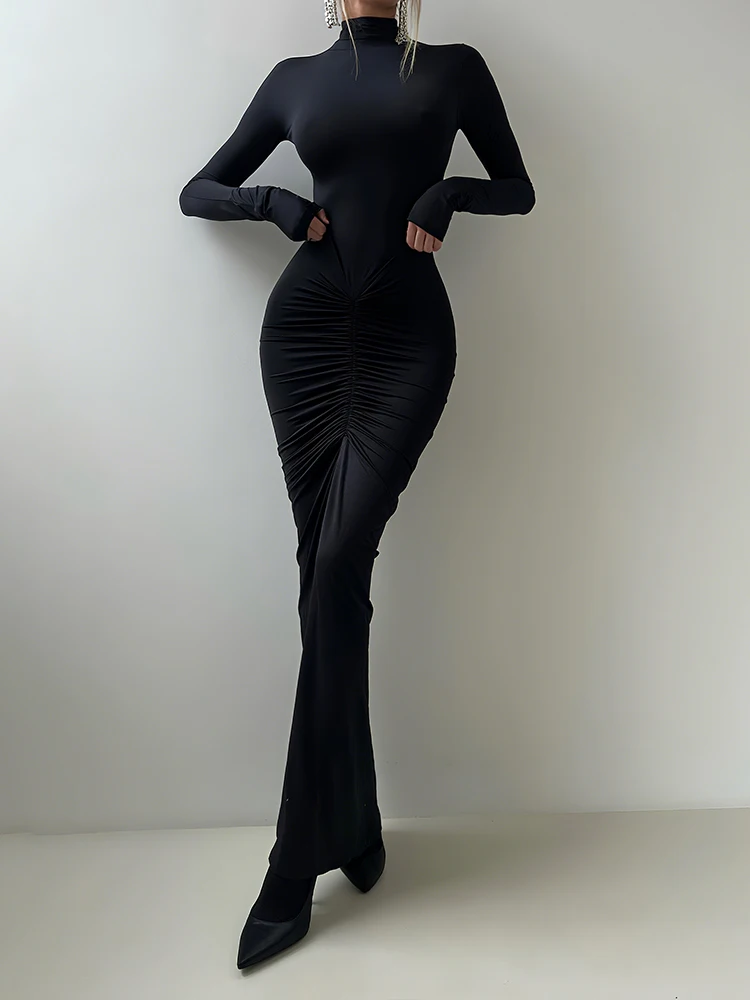 Sisterlinda Herbst Neue Stil Lange Kleid Frau Rollkragen Volle Hülse Dünne Hohe Stretch Täglich Casual Mode Elegante Vestidos – Detail 28
