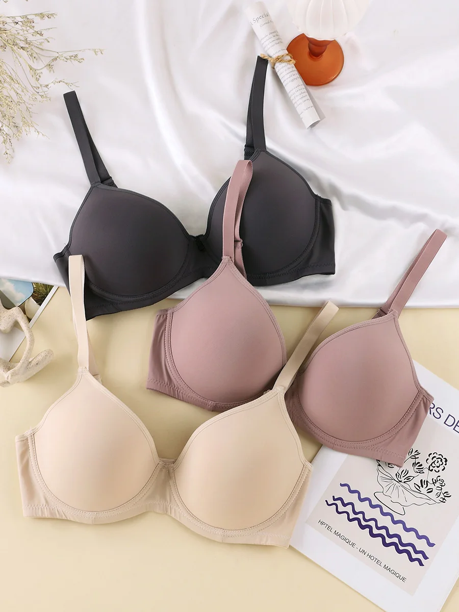 3pcs Simple Solid Seamless Bra, Comfy & Breathable Underwire Push Up Bra, Women\'s Lingerie & Underwear