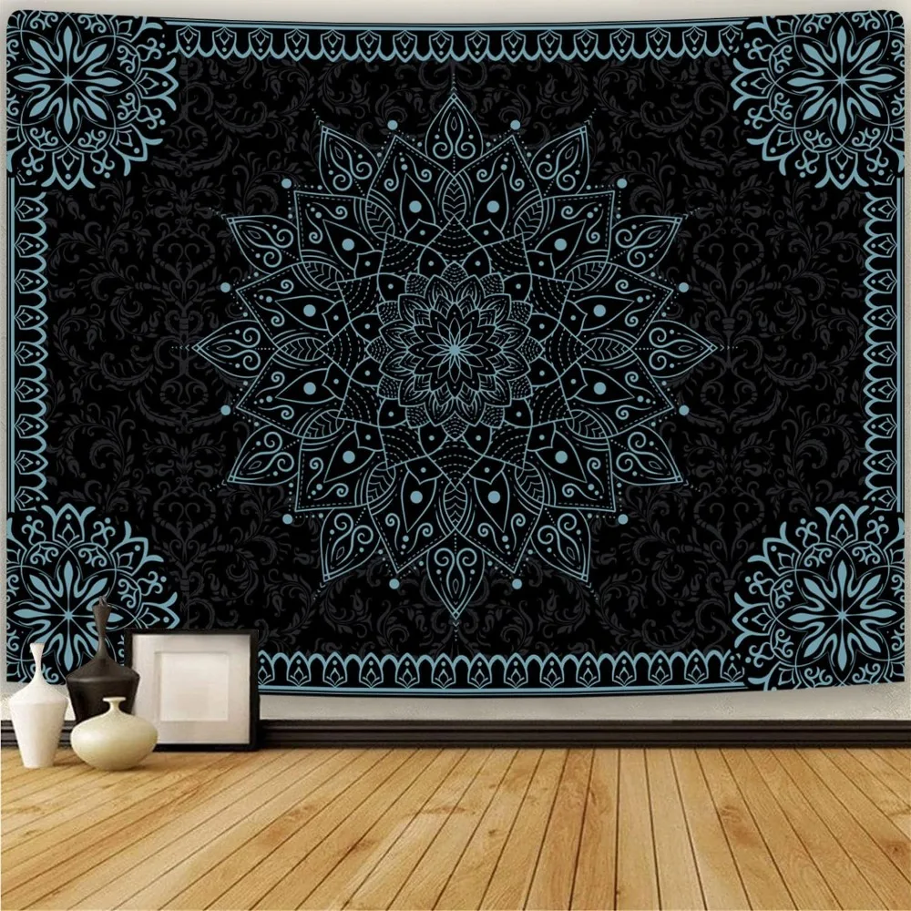 Simpkili Black Mandala Tapestry, Blue Lotus Bohemian Wall Hanging, Meditation Hippie Indian Bohemian Wall Art Tapestry