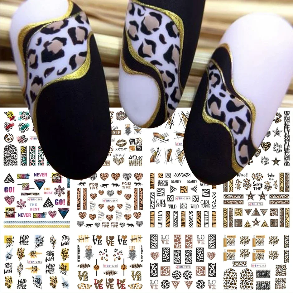 12pcs Animal Print Nail Art Design Wild Heart Love Leopard Snake Skin Slider Geometry Nail Stickers Water Manciure Tattoo SABN