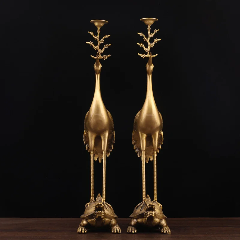 Pure Copper Dragon Turtle And Candlestick, Single Crane Brass Longevity Celebration Ornament, Gift Set Of Two For Home Cel