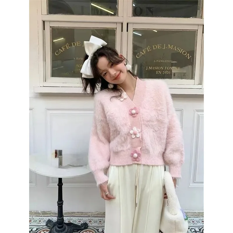 Korean Fashion Woman Sweater Pink Faux Mink Autumn Winter White Knitted Cardigan Bow Tie Buttons Long Sleeve Loose Coat Sweaters