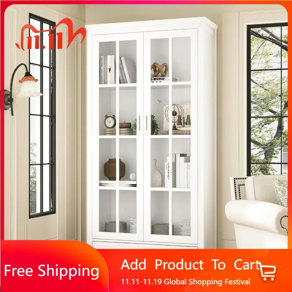 Display Cabinet with 4-Tier Shelves & Drawer Glass Display Cabinets with Wooden Legs (36.2”W X 14.6”D X 70.9”H)