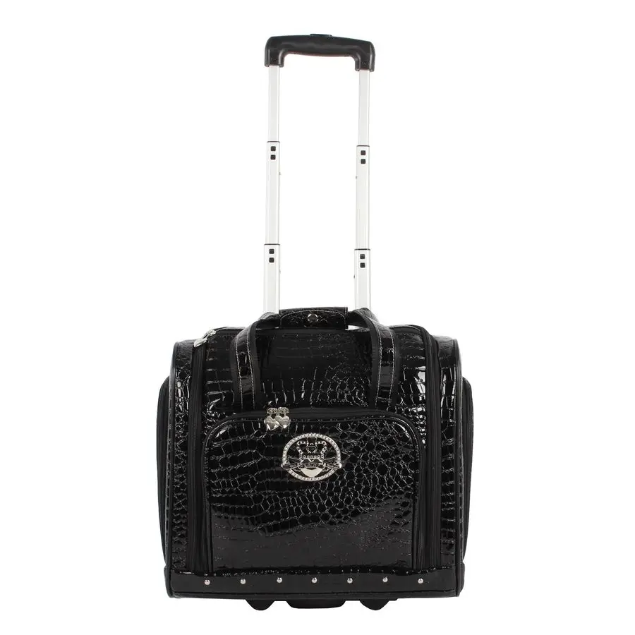

PVC Designer Underseat Luggage 15 Inch Carry On Suitcase for Women Lightweight Under Seat Bag with 2Rolling Spinner Wheels Black