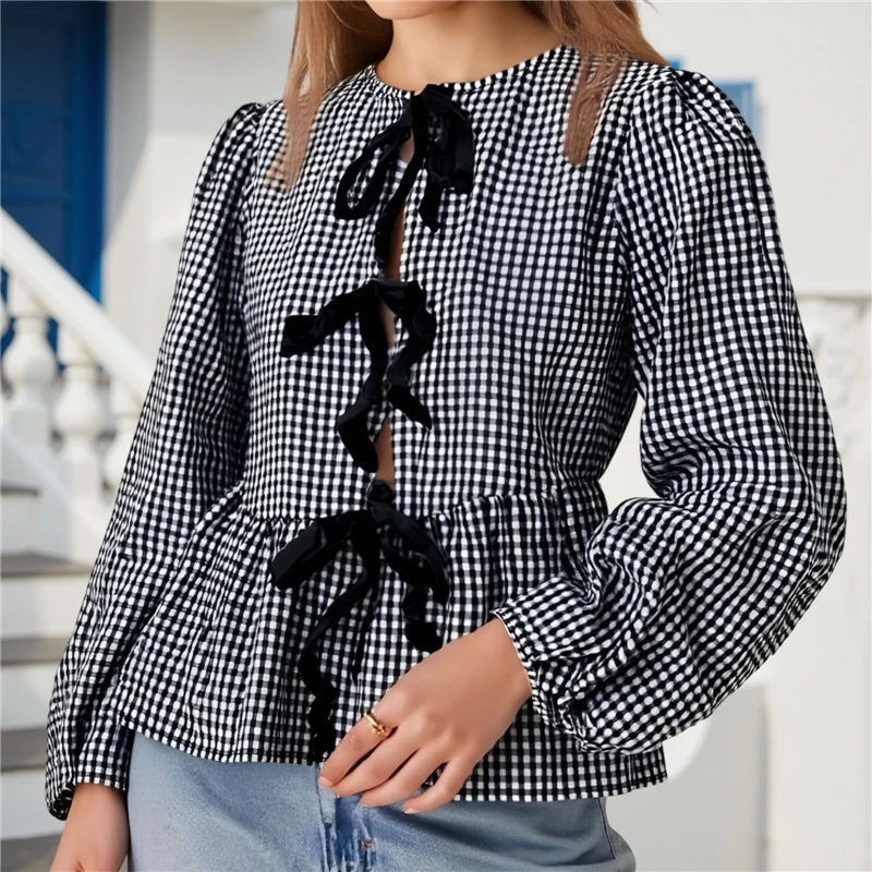 Top scozzesi casual autunnali da donna Manica lunga Girocollo Cravatta sul davanti T-shirt babydoll Camicie e camicette da donna Top femminile elegante