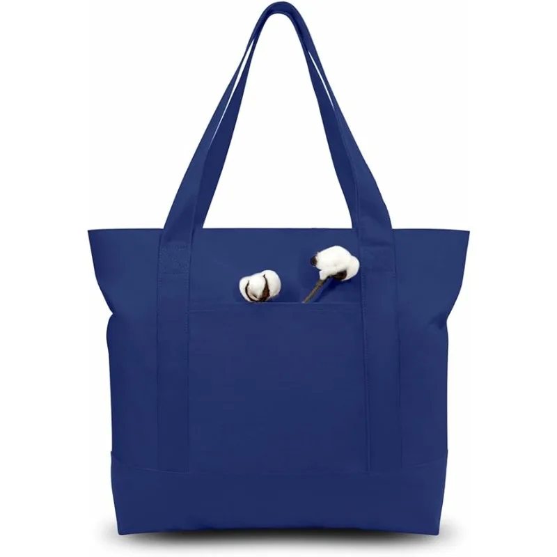 TOPDesign 30-Pack Stylish Canvas Tote Bag with an External Pocket, Top Zipper Closure, Daily Essentials (Blue)