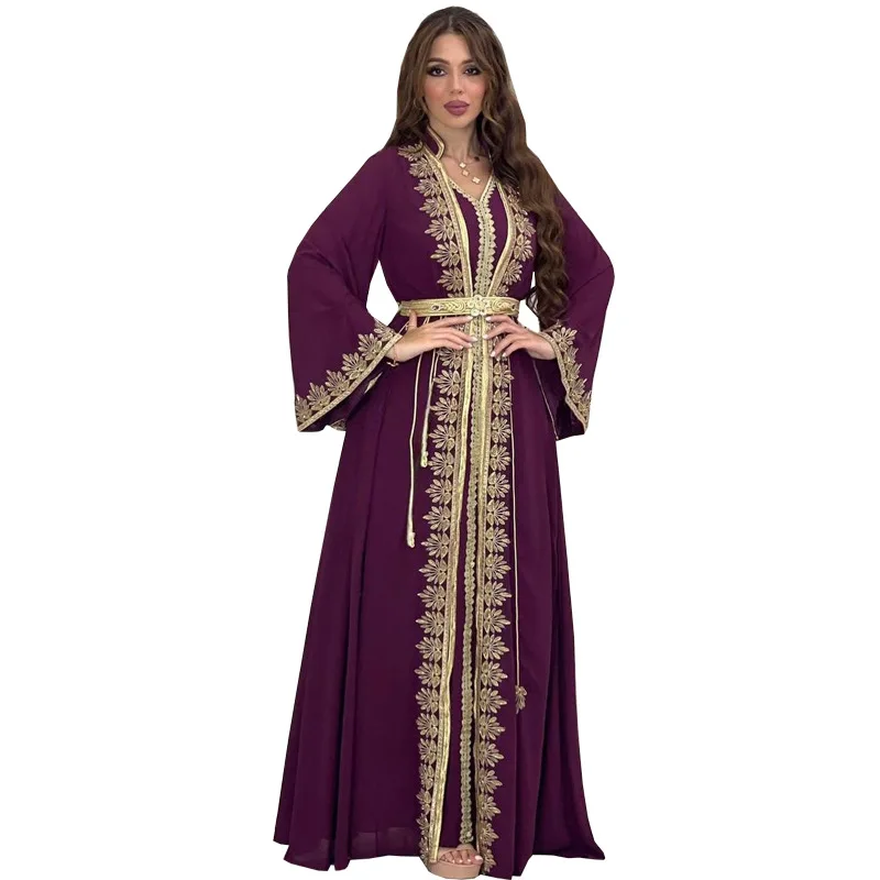 

Muslim Abaya Modest Long Sleeve Dress Two Piece Maxi Gown Stylish Embroidered Ribbon Robe Middle East Fashionable Modestwear