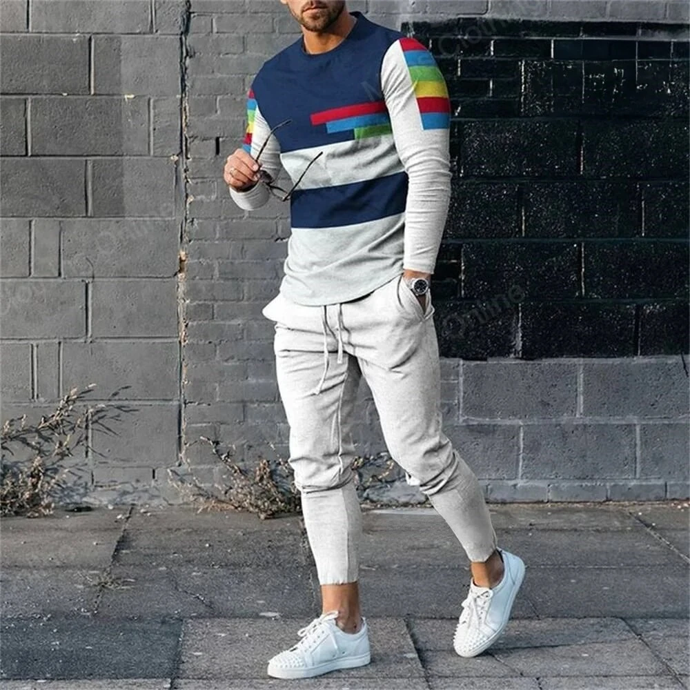 

3D Print Stripe Long Sleeve Man’s Suit T-Shirt 2 Piece Set Streetwear Casual Tracksuit Male Oversized Tops Basketball Sweatpant