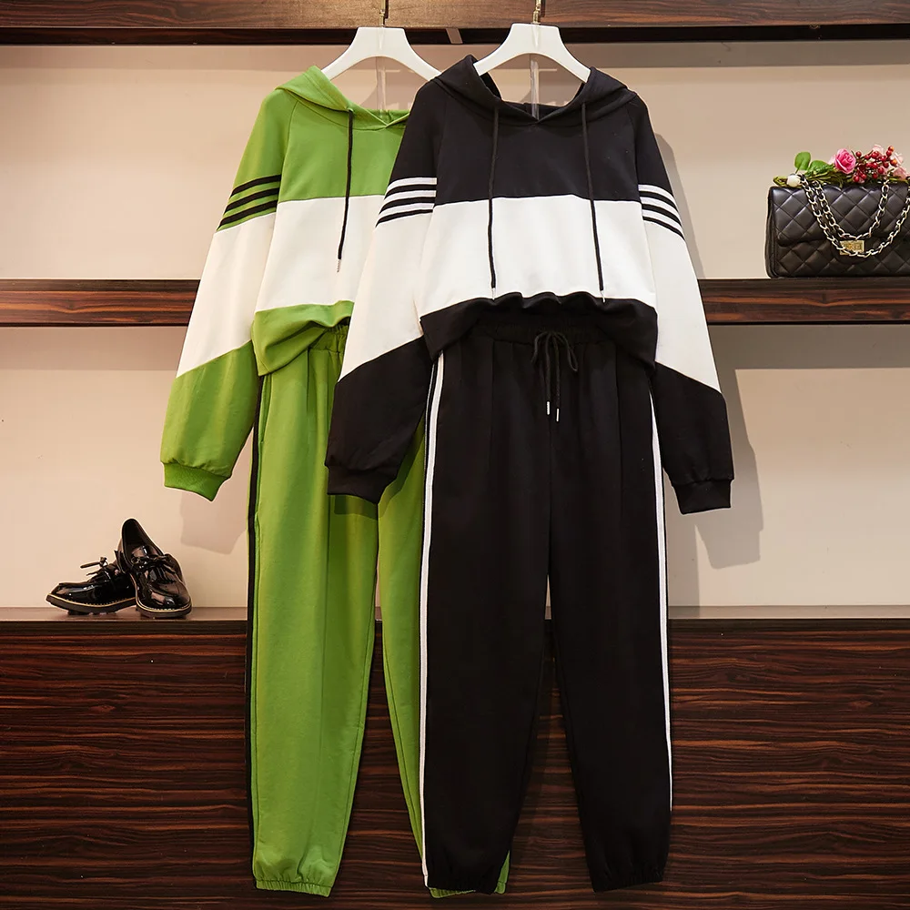 150Kg Plus Size Women's Bust 149 Spring Autumn Loose Striped Sweatshirt Pants Casual Set Black Green 5XL 6XL 7XL 8XL 9XL