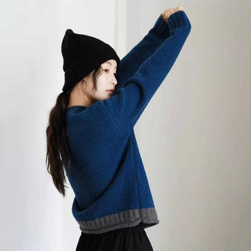 French Lazy Wind Scarf Sweater Female Pullover 2025 Autumn and Winter New Loose Round Neck Color Matching Sweater Female