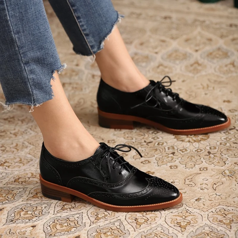 Women Oxford Shoes Spring/Autumn Women Shoes Genuine Leather Shoes for Women Brogues Vintage Lace up Casual Brown Handmade Shoes