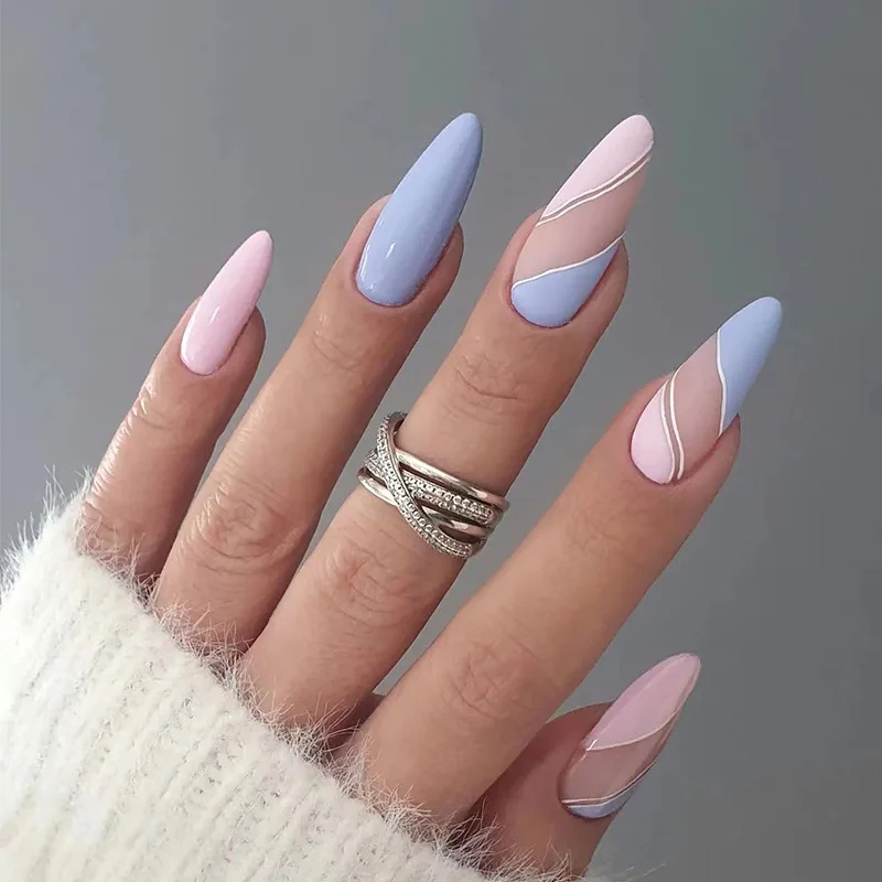 Roze Blauw Hit Kleur Wearable Nail Art Frosted Matte Lange Stiletto Afgewerkte Kunstnagels Druk op nagels met lijm Groothandel