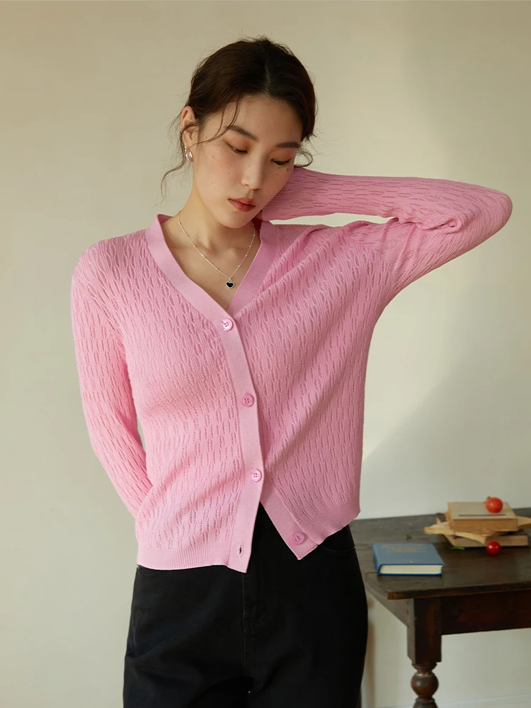 DUSHU Women\'S Twisted Texture Gentle V-Neck Knitted Cardigan Early Spring 2023 New Top For Women Pink V-Neck Cardigan For Women