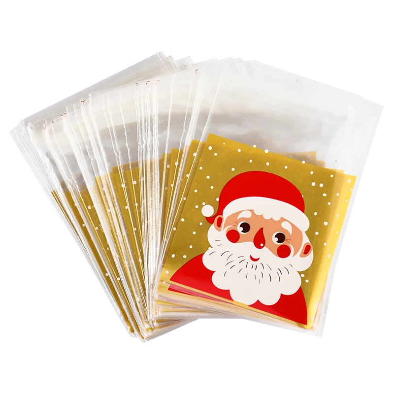 100Pcs Christmas Candy Bag Cartoon Santa Claus Elk Pattern Cookie Snack Packaging Bag With Adhesive 2024 Merry Christmas Navidad