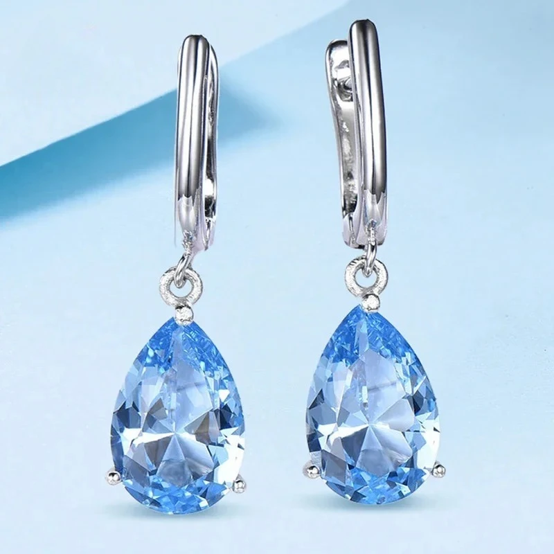 

925 Sterling Silver Topaz Drop Earrings for Women High Quality Gemstone Simple Blue Emerald Wedding Party Fashion Jewelry Gift