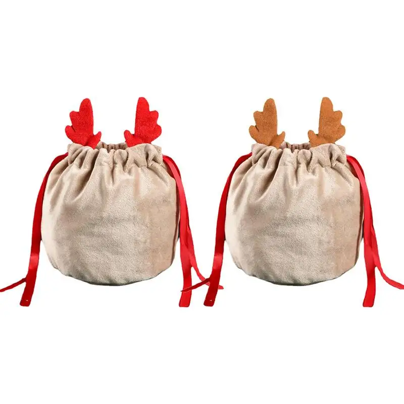 

10PC Christmas Antlers Bags Velvet Drawstring Gifts Bag Candy Cookie Jewelry Packaing Pouches Candy Wrapping Bags Party Supplies