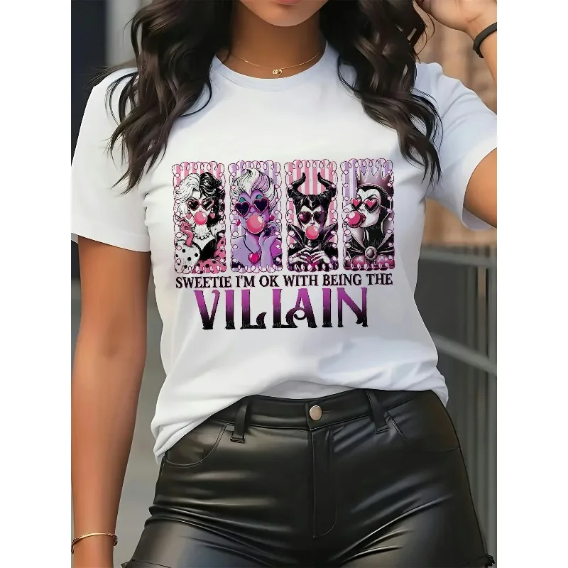 تي شيرت نسائي بشخصية الشرير: Maleficent Cruella Ursula Jafar and Maleficent وردي مميز بمظهر نسائي برقبة دائرية وأكمام قصيرة #2