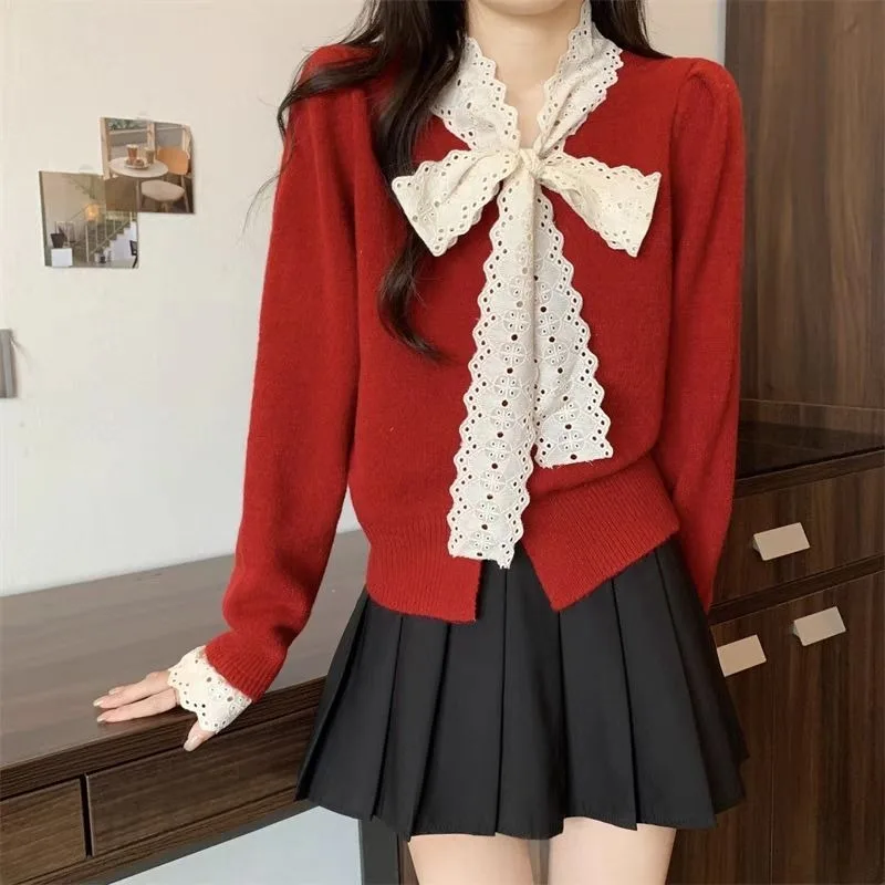 Sweet French Patchwork Vneck Lace Bowknot Women Short Knit Cardigan Long Sleeve Spring Autumn Fashion Top Wear To Work
