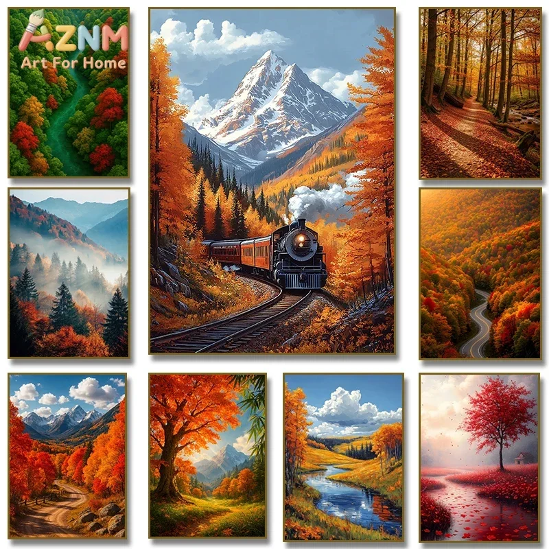 AZNM Frameless Canvas Wall Art, Autumn Mountain Steam Train Forest River Maple Leaf Scenery Print Poster, Vibrant Fall Landscape