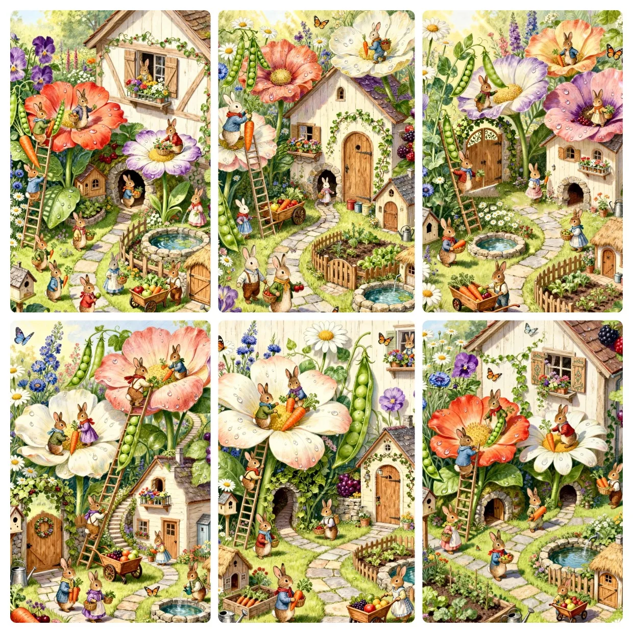 Cute Animal Garden 500/1000/1200/2000PCS No Frame Jigsaw Puzzle Bunny Cottage Flower Yard Themed Desktop Art Collectible Gift