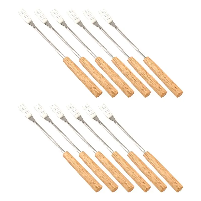 M12K-12 Piece Fondue Fork Grilling Set Muddler Ice Cream Fondue Forks Wood + Stainless Steel For Cocktails Set