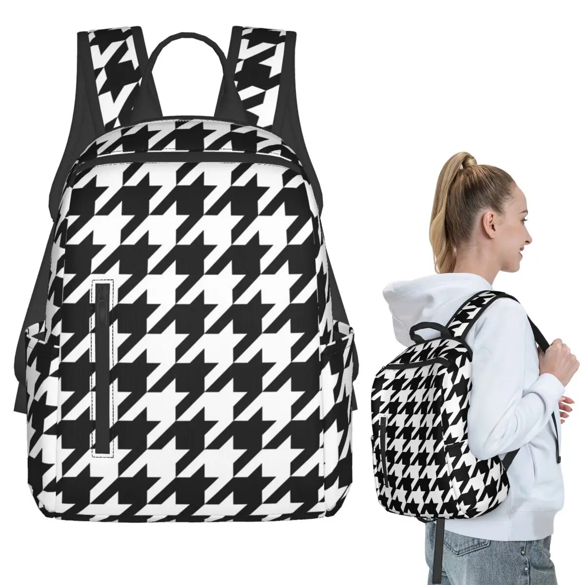 

Houndstooth Black And White Backpack Student BookBag Kids School Bag Laptop Shoulder Bags Men Women
