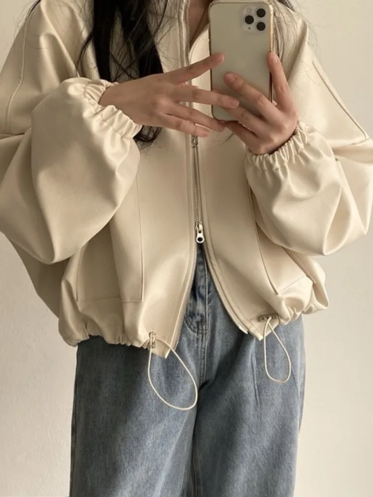 시크한 가을 여성용 바이커 가죽 재킷, 지퍼, 끈, 스탠드 칼라, 큰 캐주얼 디자인, 한국 스타일, 레귤러 핏 코트