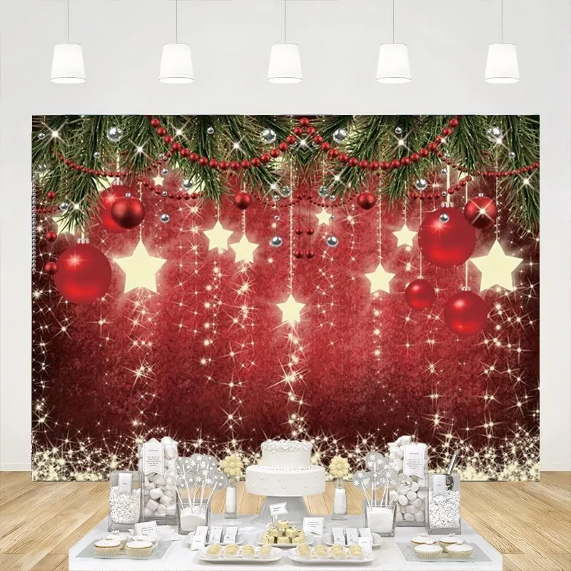 Christmas Red Backdrop Winter Snowflake New Year's Eve Shining Stars Photography Background Family Party Decoration Studio Props