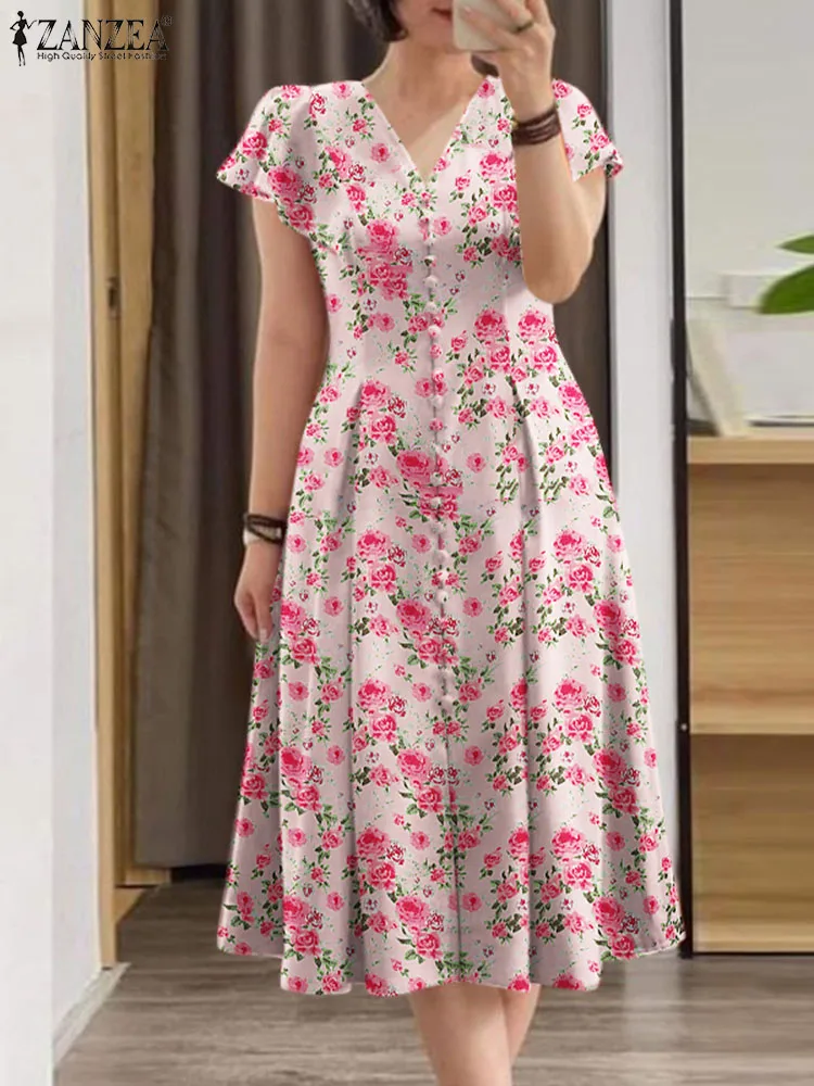 Elegancka sukienka w kwiaty ZANZEA damska letnia sukienka letnia z krótkim rękawem szata Femme przyczynowe wakacje Vestidos Bohemain sukienki z nadrukiem