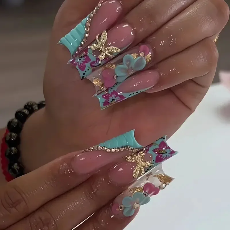 

24Pcs Long Coffin Press On Nails, Blue French 3D Flower & Butterfly Rhinestone False Nails