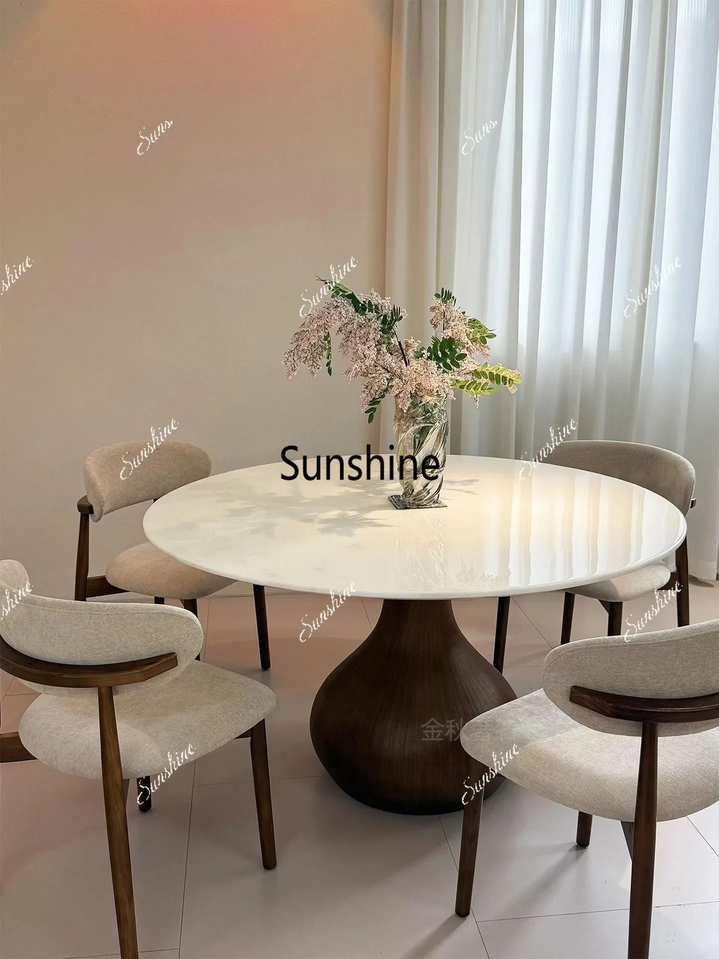 French medieval style, simple cream solid wood, round table small apartment