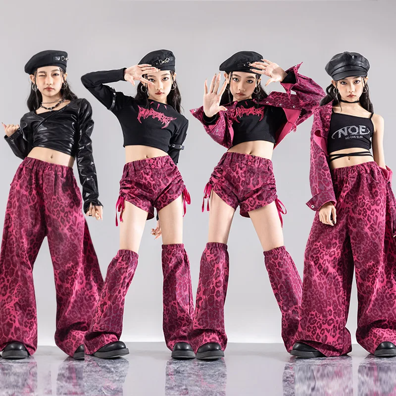 Kids K-pop Crop Top Jacket Leopard Loose Pants Girl Group Clothes Set Girls Jazz Street Dance Shorts Children Hip Hop Streetwear