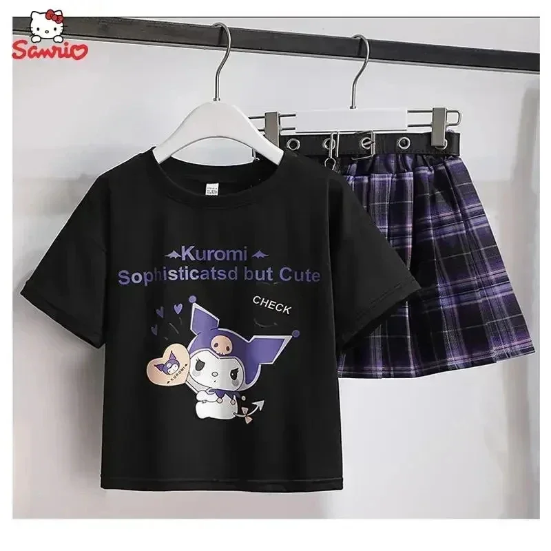 Kawaii Kuromi Short Sleeves Skirt Suit Sanrio Anime Child Preppy Style T-shirt Pleated Skirt Student Fashion Trend JK Uniform Tw