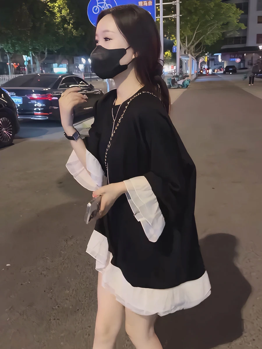 

Korean Sle Loose Patchwork Dr Women Early Autumn 2025 New Small Size Faionable Versatile Fake Two-Piece ort Skirt