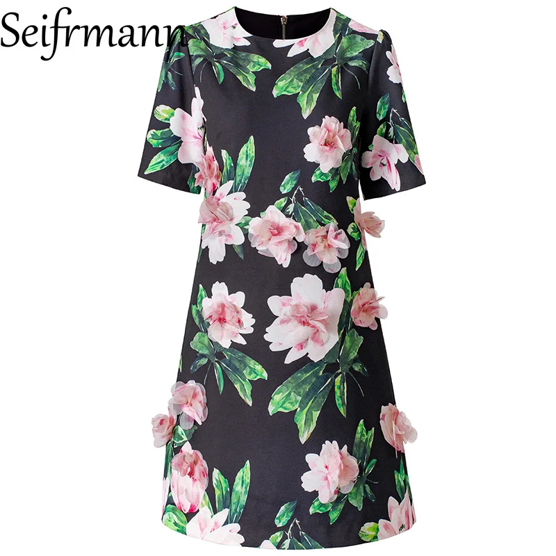 

Seifrmann 2026 Summer Women's New Fashionable Round Neck Short Sleeve Nail Bead stereoscopic Flower Dress
