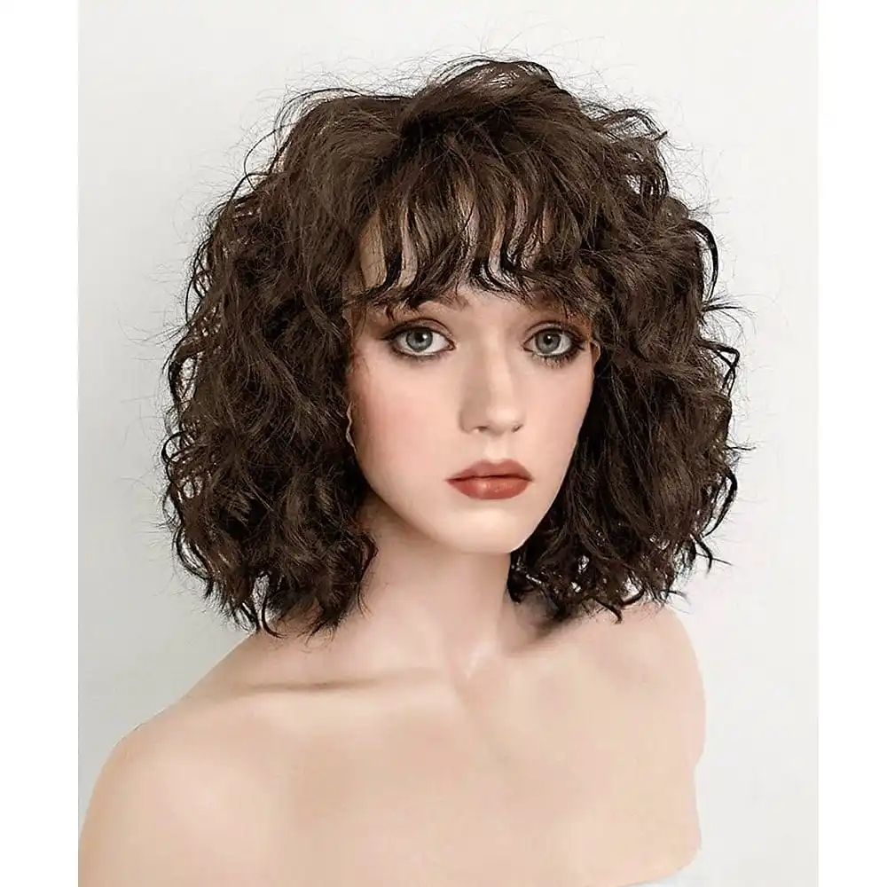 

Dark Brown curly hair wig for Women with bang Synthetic Jerry Curl Asymmetrical Wig Medium Length Synthetic Hair Women's Wigs