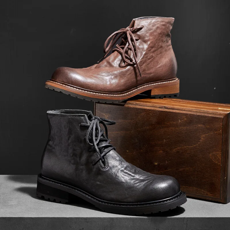 YETTIES Men's Handmade Washed Horsehide Work Boots, New British Style Chunky Toe Vintage Desert Boots for Men Lace-up boots