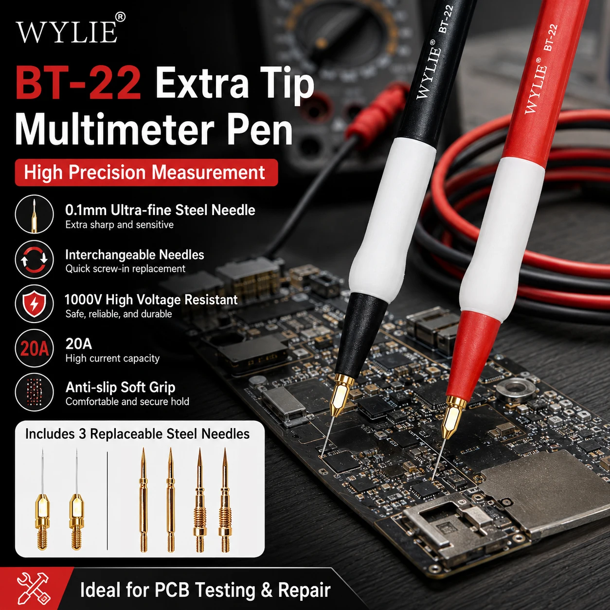WYLIE BT-22 Extra Tip Multimeter Test Leads 0.1mm 1000V 20A with Replaceable Steel Needles for Precision Electronics Repair Tool