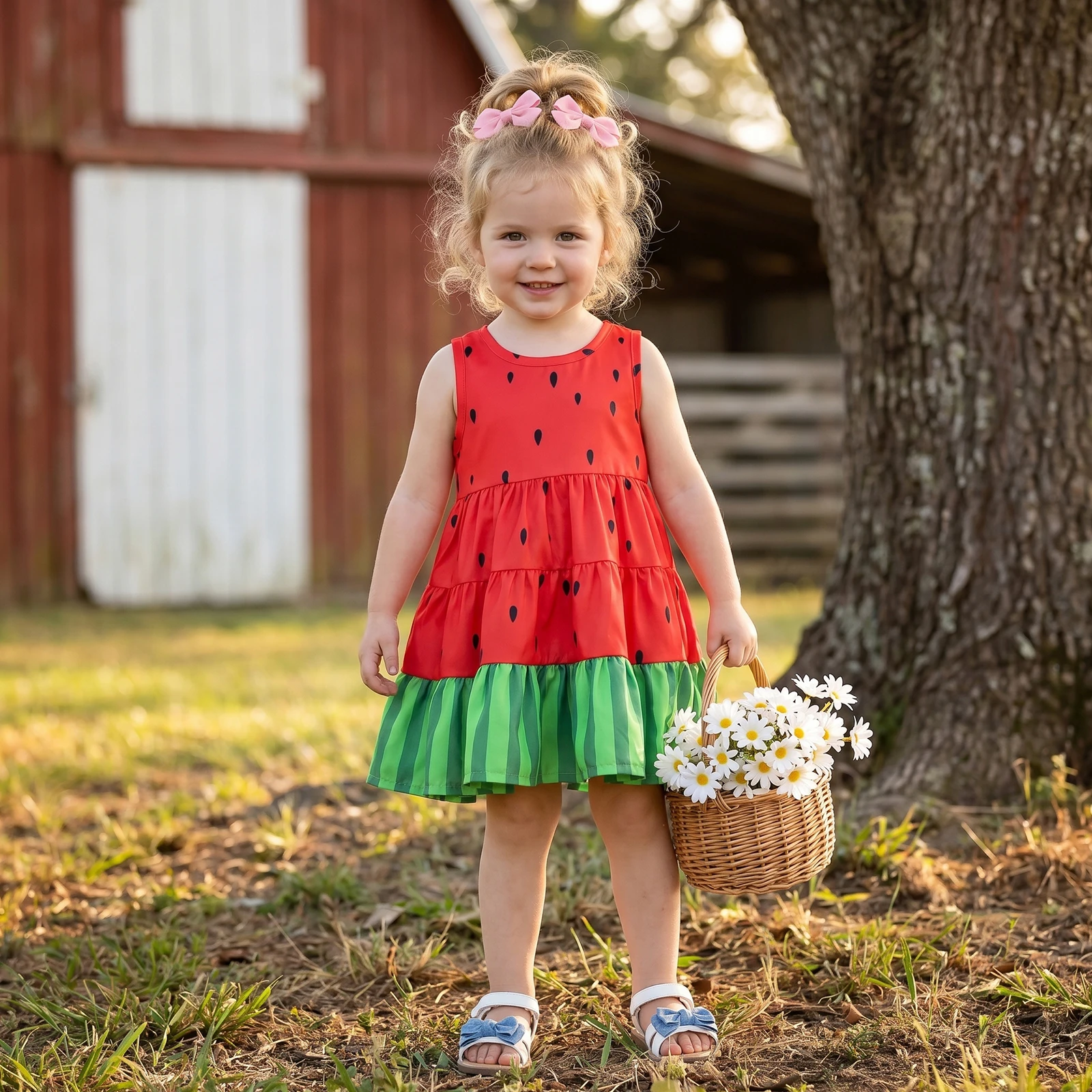 0-4Y Little Girls Summer A-line Sleeveless Dress Round Neck Pleated Hem Tiered Watermelon Tank Dress Sundress Costume