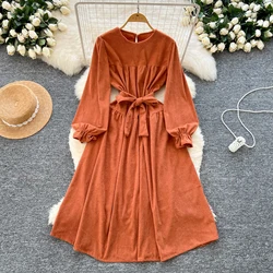 Elegant Long Sleeves Vintage O-neck Bandage Slim Corduroy A-line Long Dresses French Evening High Street Autumn Winter Clothing