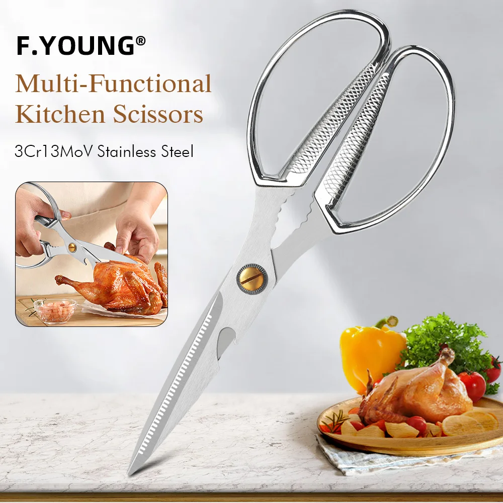 F.YOUNG Stainless Steel Kitchen Scissors Meat Vegetable Cutting Scissors Multifunctional Chicken Bone Cutter Opener Household