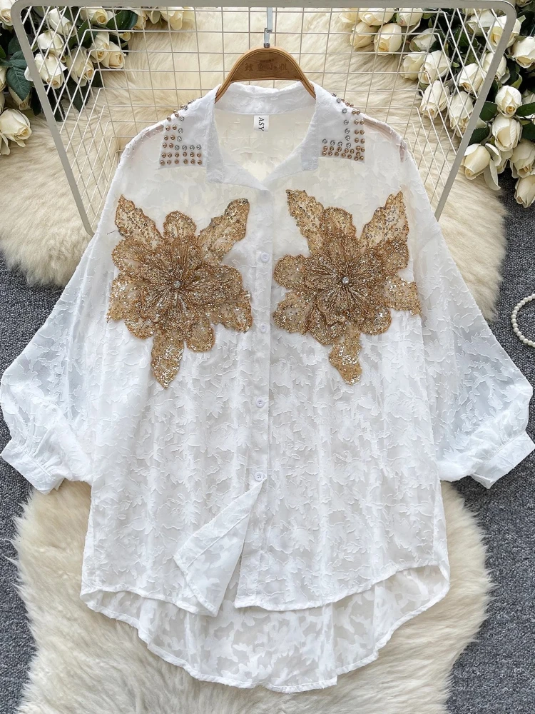

Fashion Design Shirts Turn Down Collar Lantern Sleeve Sequined Jacquard Blouses Casual Loose Elegant All Match Women's Clothing