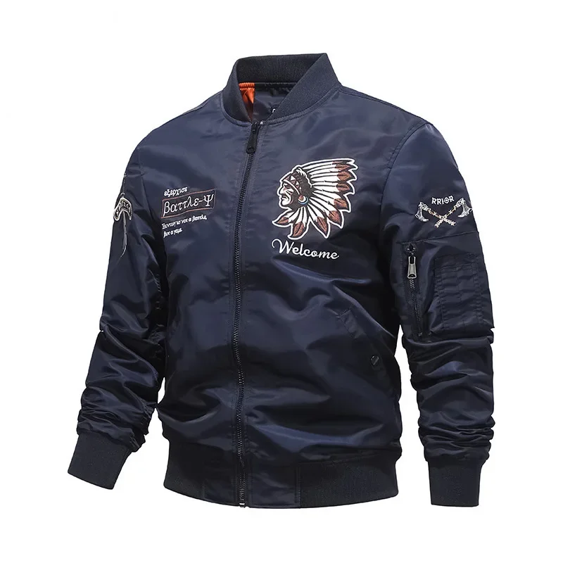 

Autumn Men Bomber Jacket Fashion Loose Embroidery Pocket Zipper Male Cargo Coat Stand Collar Long Sleeve Man Baseball Uniform